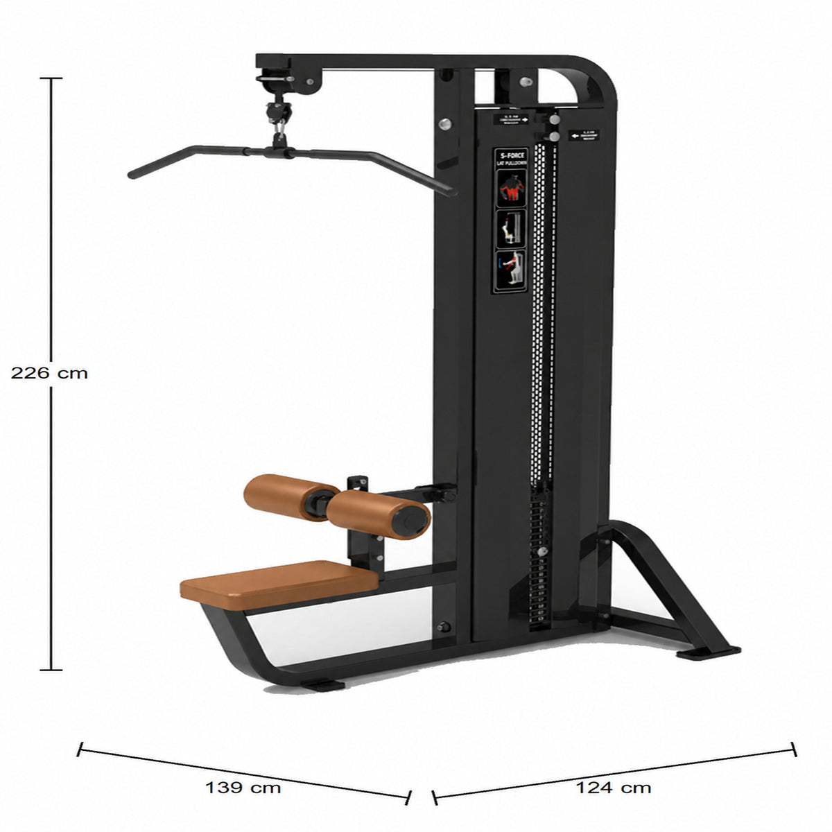 DHZ S-FORCE SM5012 Lat Pulldown – braune Polster – Abmessungen 139 × 124 × 226 cm