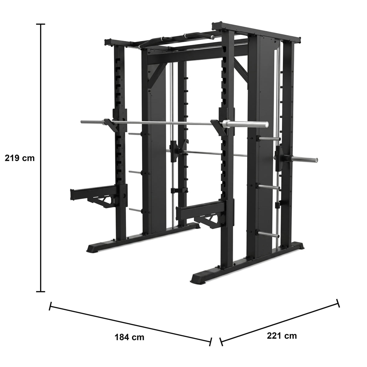 DHZ JN2063 Power Rack Smith Machine Combo – Rack und geführte Langhantel – Maßzeichnung mit Produktabmessungen 184 × 221 × 219 cm