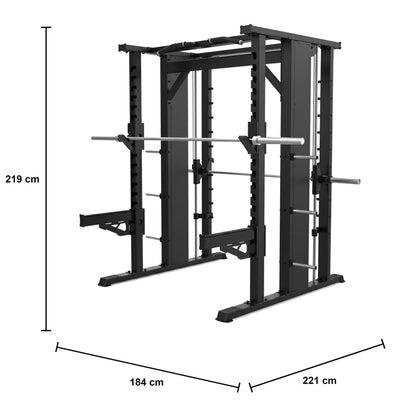 DHZ JN2063 Power Rack Smith Machine Combo – Rack und geführte Langhantel – Maßzeichnung mit Produktabmessungen 184 × 221 × 219 cm