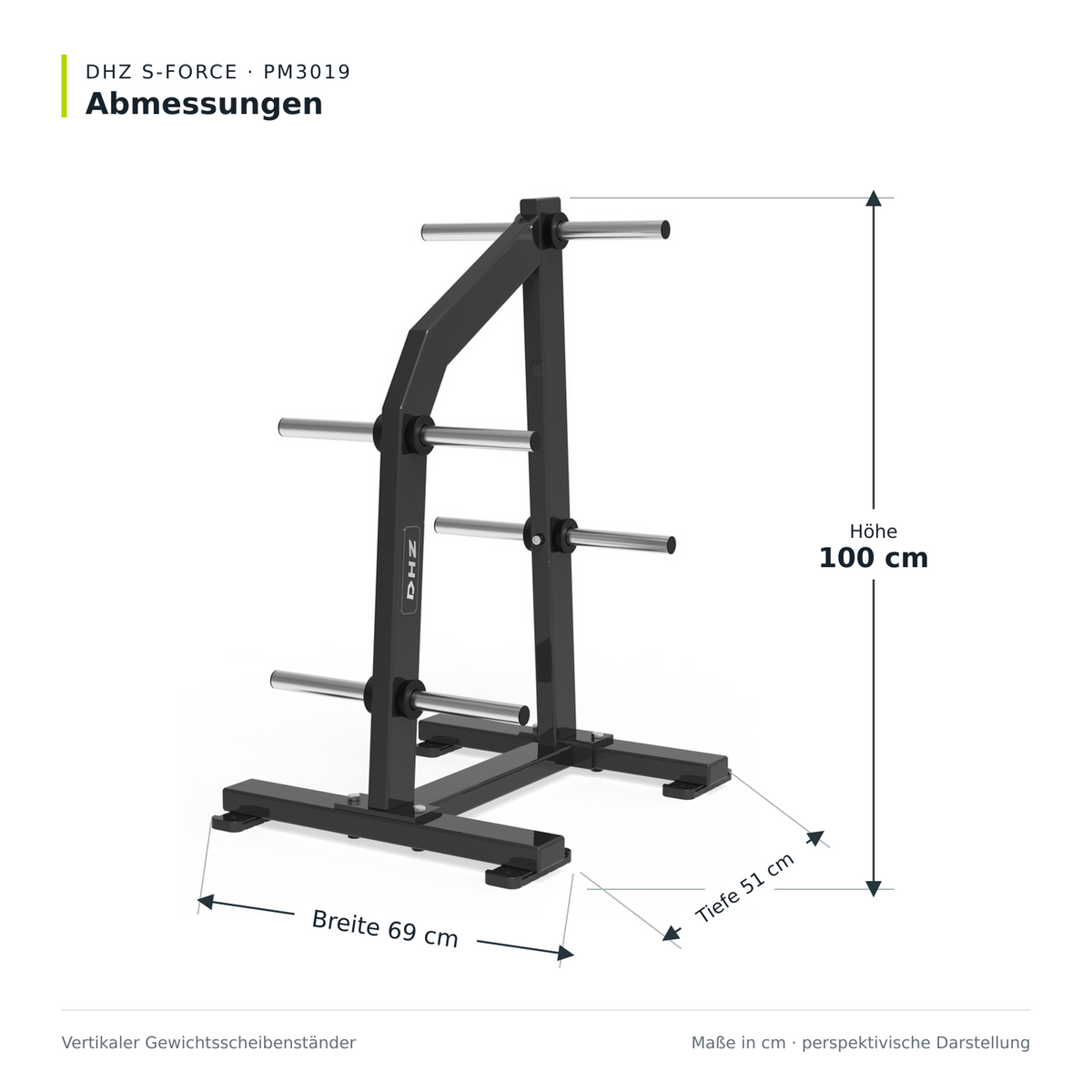 DHZ S-FORCE PM3019 Gewichtsscheibenständer – Maßzeichnung: Breite 69 cm, Tiefe 51 cm, Höhe 100 cm
