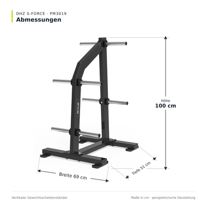 DHZ S-FORCE PM3019 Gewichtsscheibenständer – Maßzeichnung: Breite 69 cm, Tiefe 51 cm, Höhe 100 cm
