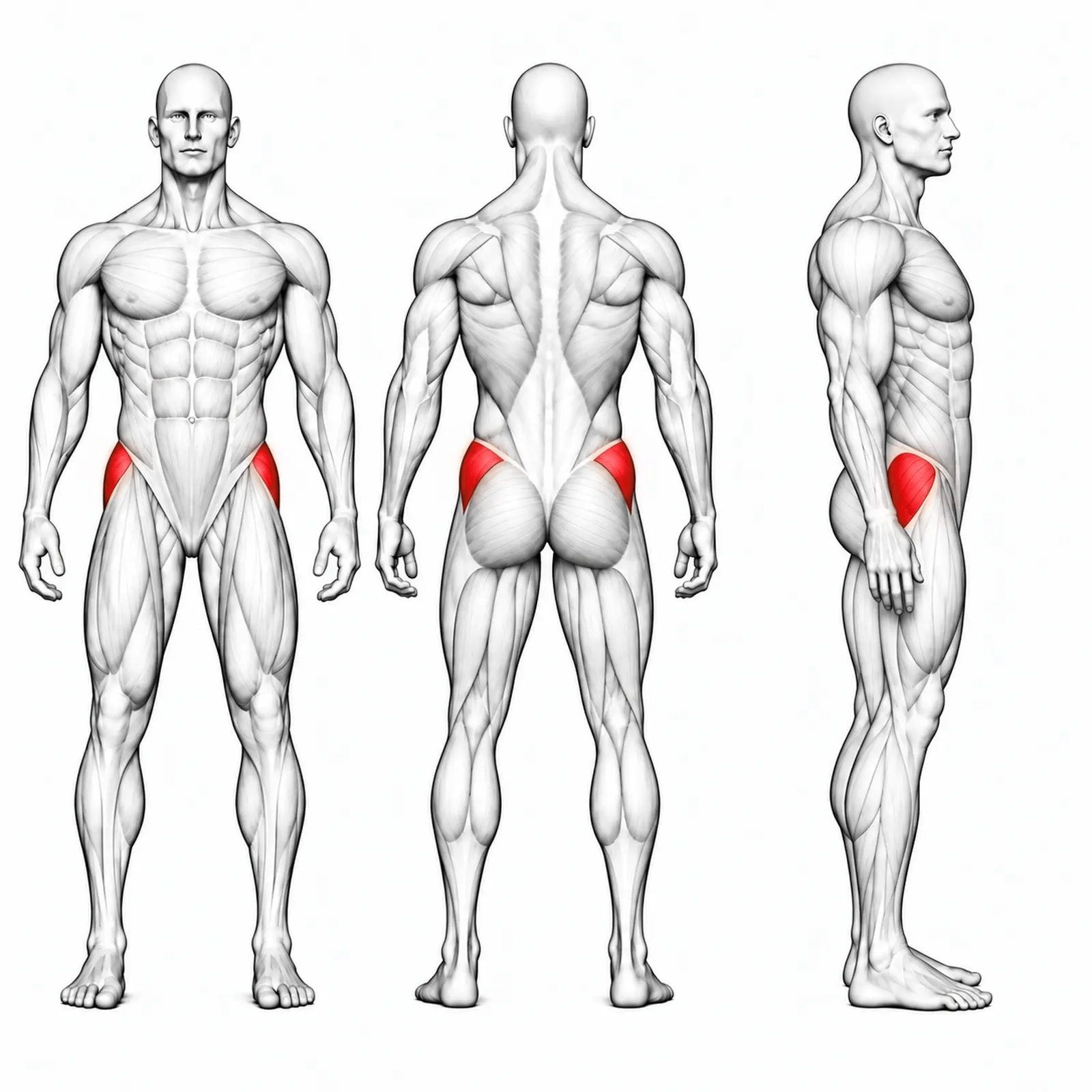DHZ S-FORCE SM5021 Hip Abduction – animierte Muskelgruppen: Gluteus medius, Gluteus minimus und Hüftabduktoren primär