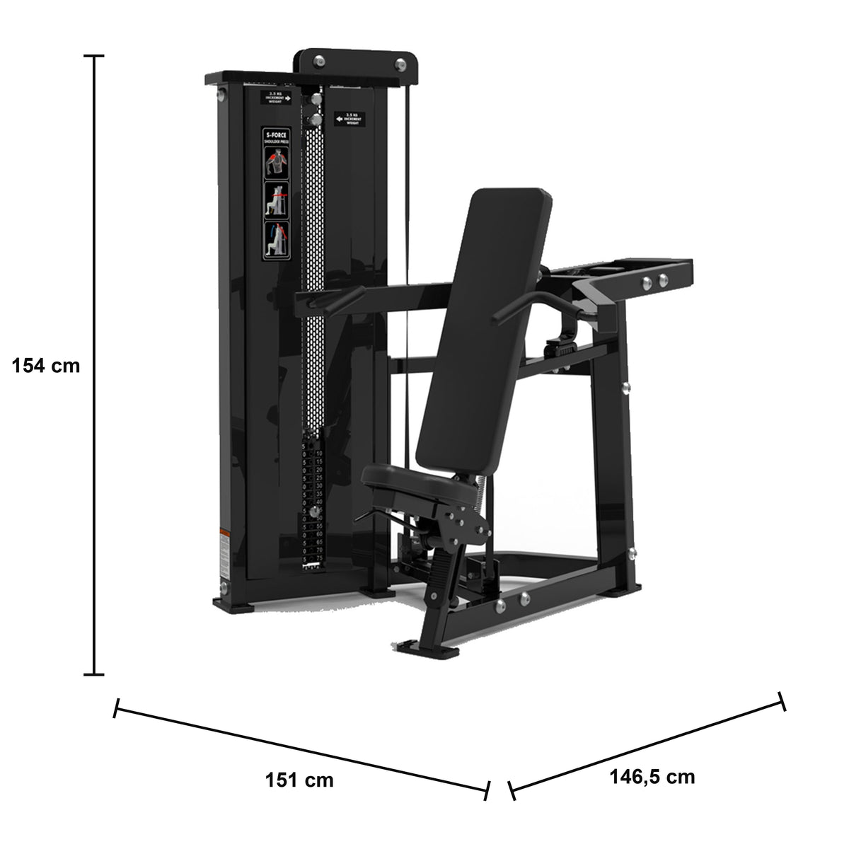 DHZ S-FORCE SM5006 Shoulder Press – Gewichtsblock Schulterpresse – Studiogerät – Maßzeichnung mit Produktabmessungen 151 × 146,5 × 154 cm