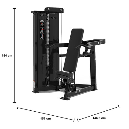 DHZ S-FORCE SM5006 Shoulder Press – Gewichtsblock Schulterpresse – Studiogerät – Maßzeichnung mit Produktabmessungen 151 × 146,5 × 154 cm