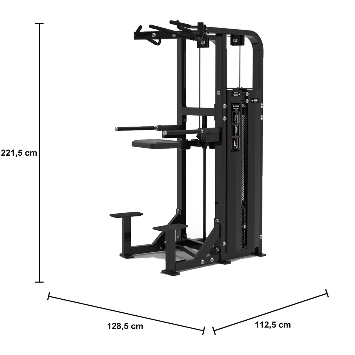 DHZ S-FORCE SM5009 Dual Dip- & Klimmzughilfe für professionelle Fitnessstudios – Maßzeichnung mit Produktabmessungen 128,5 × 112,5 × 221,5 cm