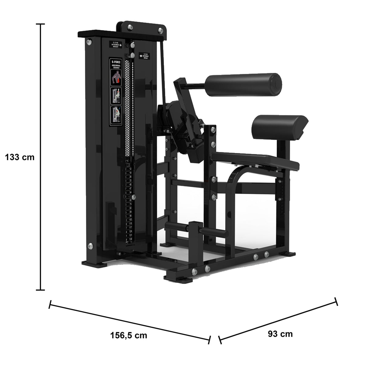 DHZ S-FORCE SM5014 Abdominal Isolator – Gewichtsblock Bauchmaschine für Profis – Maßzeichnung mit Produktabmessungen 156,5 × 93 × 133 cm