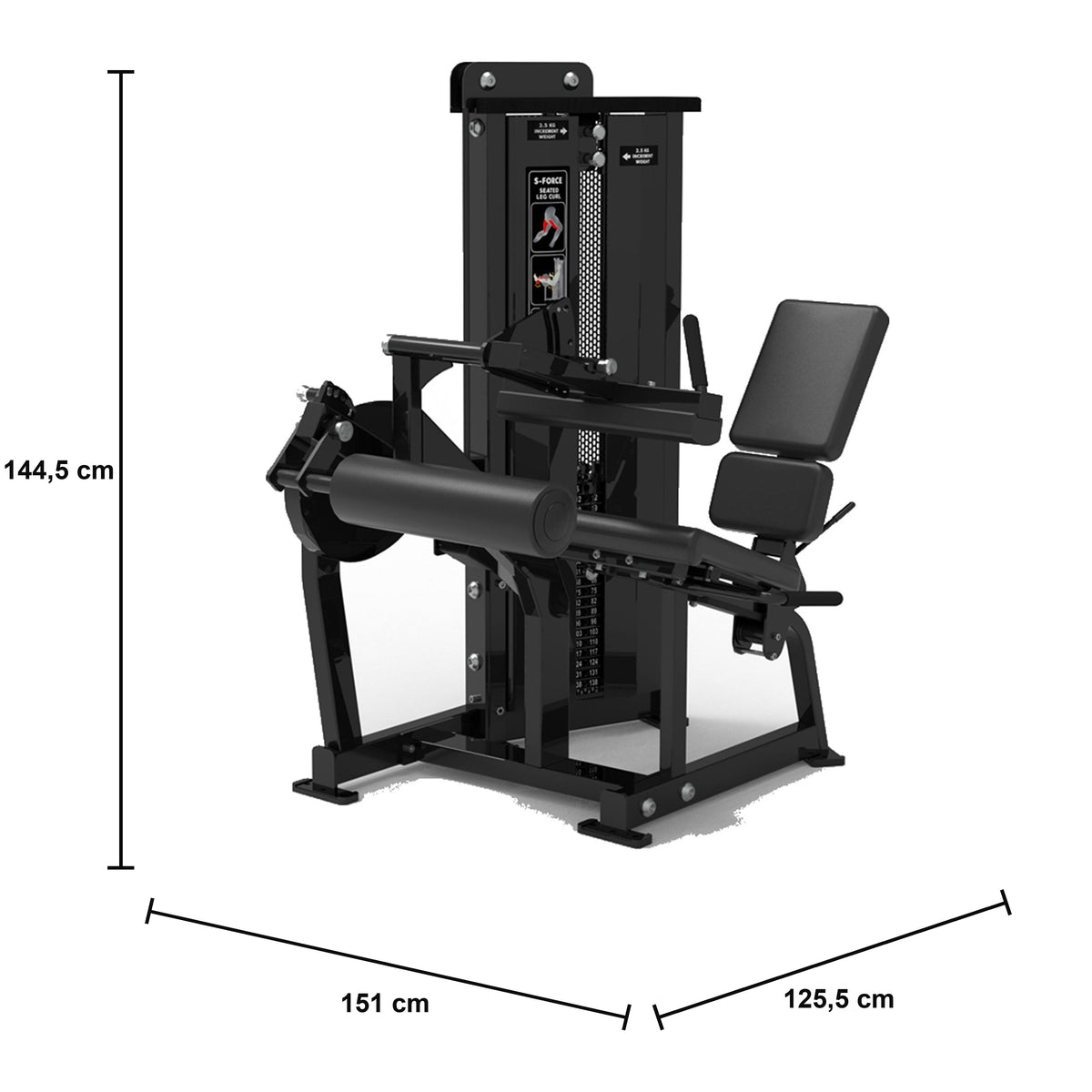 DHZ S-FORCE SM5023 Seated Leg Curl – Gewichtsblock Sitzender Beinbeuger – Maßzeichnung mit Produktabmessungen 151 × 125,5 × 144,5 cm