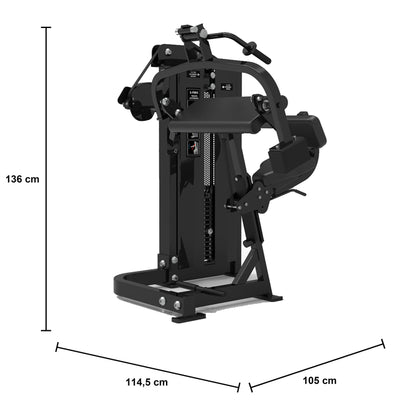 DHZ S-FORCE SM5028 Seated Dip – Gewichtsblock Sitzende Dip-Maschine für Profis – Maßzeichnung mit Produktabmessungen 114,5 × 105 × 136 cm