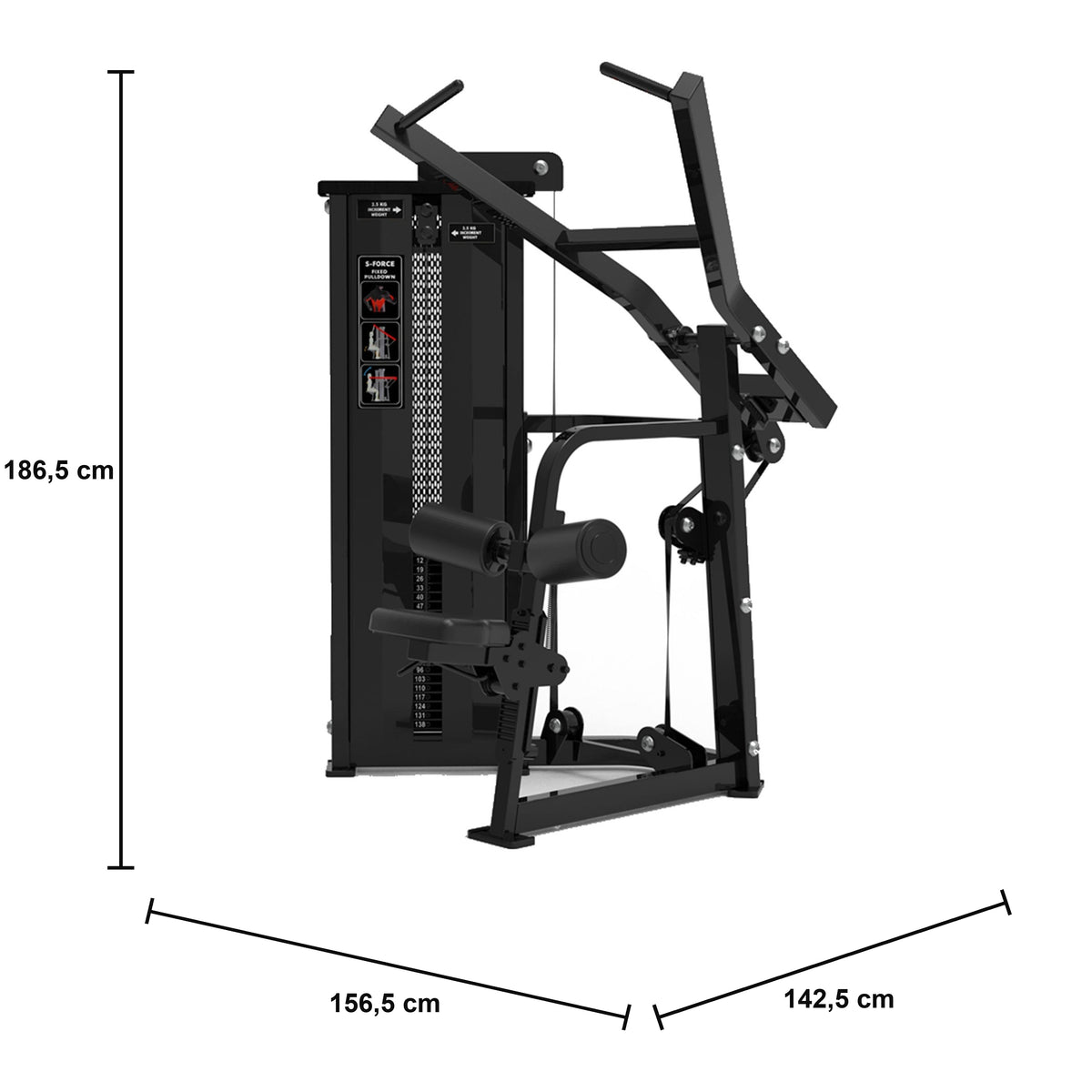 DHZ S-FORCE SM5035 Pulldown – Gewichtsblock Latzugmaschine für Fitnessstudios – Maßzeichnung mit Produktabmessungen 156,5 × 142,5 × 186,5 cm
