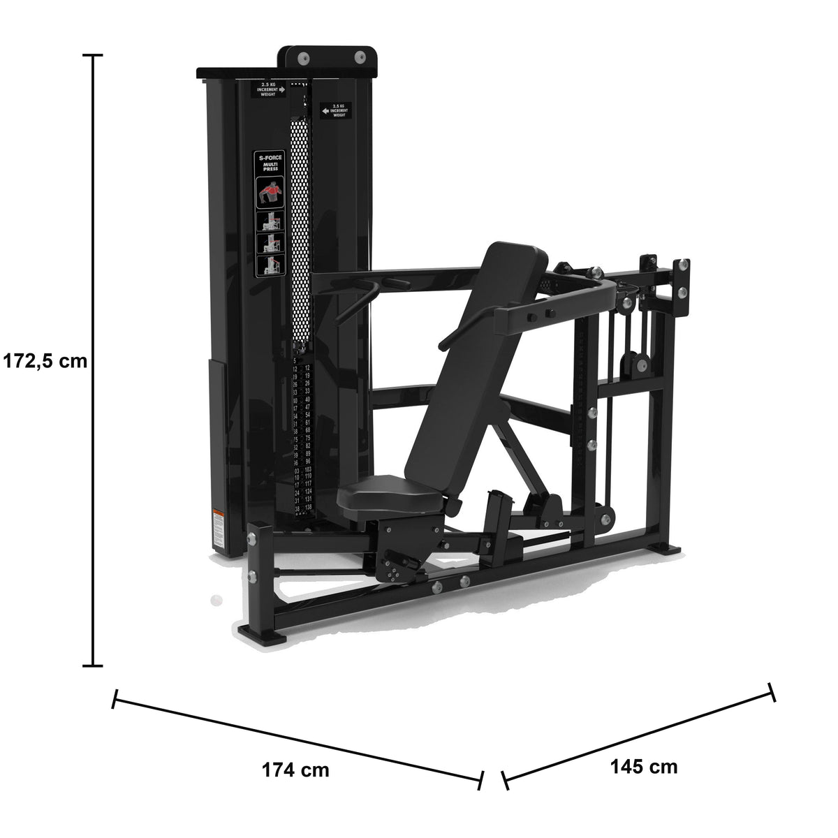 DHZ S-FORCE SM5084 Dual Brust- & Schulterpresse für gewerbliche Fitnessstudios – Maßzeichnung mit Produktabmessungen 174 × 145 × 172,5 cm