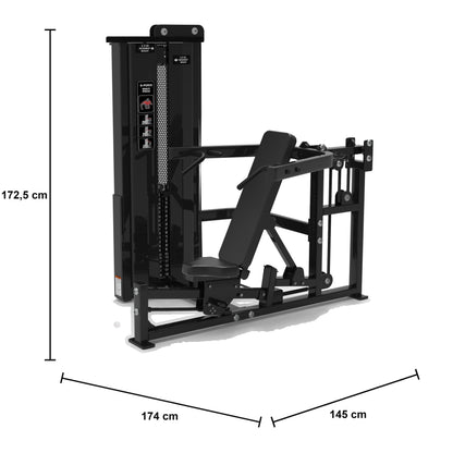 DHZ S-FORCE SM5084 Dual Brust- & Schulterpresse für gewerbliche Fitnessstudios – Maßzeichnung mit Produktabmessungen 174 × 145 × 172,5 cm