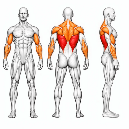 DHZ S-FORCE SM5085 Dual Latzug- und Ruderstation – animierte Muskelgruppen: Latissimus primär, oberer Rücken, hintere Schulter, Bizeps und Unterarme sekundär