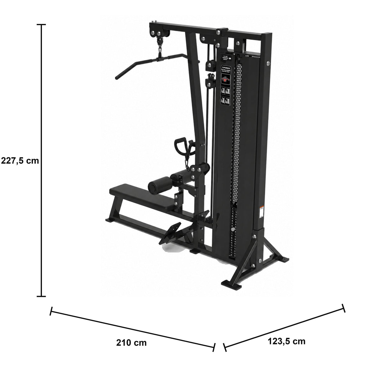 DHZ S-FORCE SM5085 Dual Latzug- & Ruderstation für gewerbliche Fitnessstudios – Maßzeichnung mit Produktabmessungen 210 × 123,5 × 227,5 cm