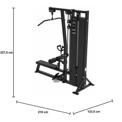 DHZ S-FORCE SM5085 Dual Latzug- & Ruderstation für gewerbliche Fitnessstudios – Maßzeichnung mit Produktabmessungen 210 × 123,5 × 227,5 cm