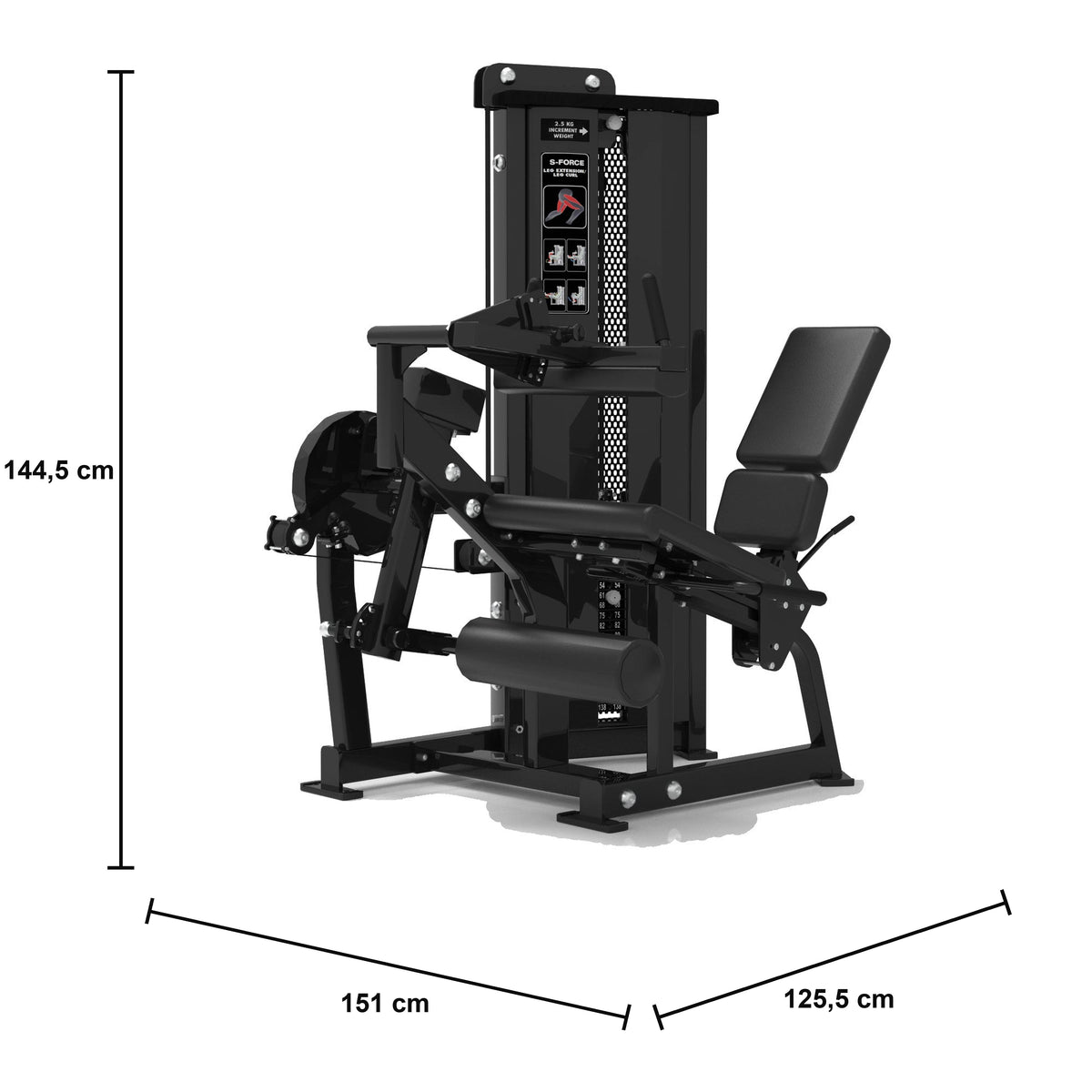 DHZ S-FORCE SM5086 Dual Beinstrecker & Beinbeuger liegend für den Studioeinsatz – Maßzeichnung mit Produktabmessungen 151 × 125,5 × 144,5 cm