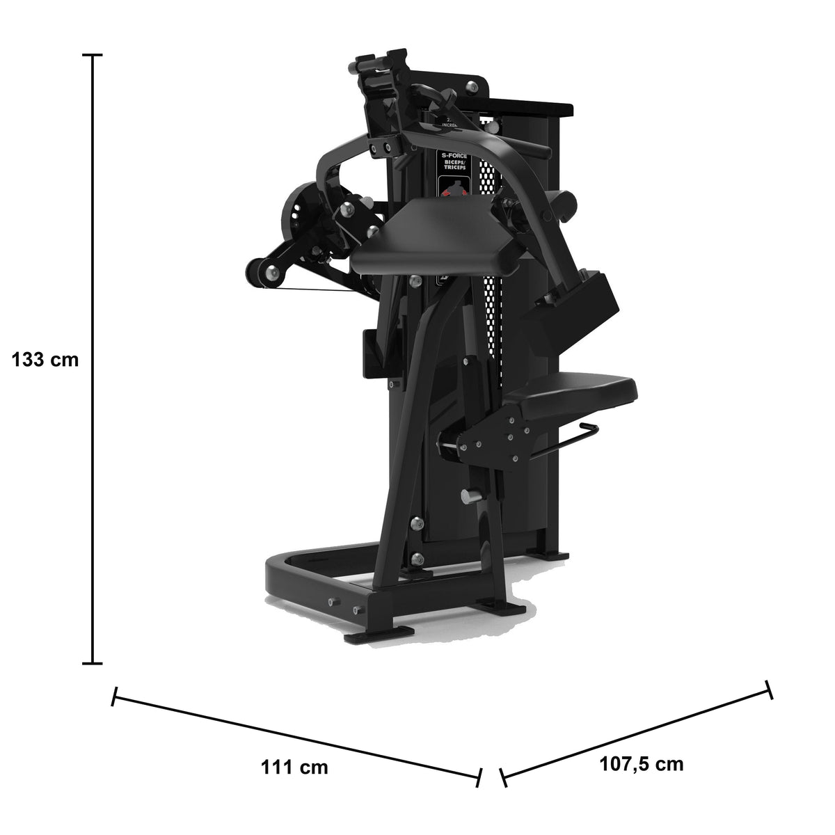 DHZ S-FORCE SM5087 Dual Bizeps- & Trizepsmaschine für effektives Krafttraining – Maßzeichnung mit Produktabmessungen 111 × 107,5 × 133 cm