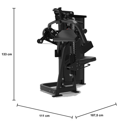 DHZ S-FORCE SM5087 Dual Bizeps- & Trizepsmaschine für effektives Krafttraining – Maßzeichnung mit Produktabmessungen 111 × 107,5 × 133 cm