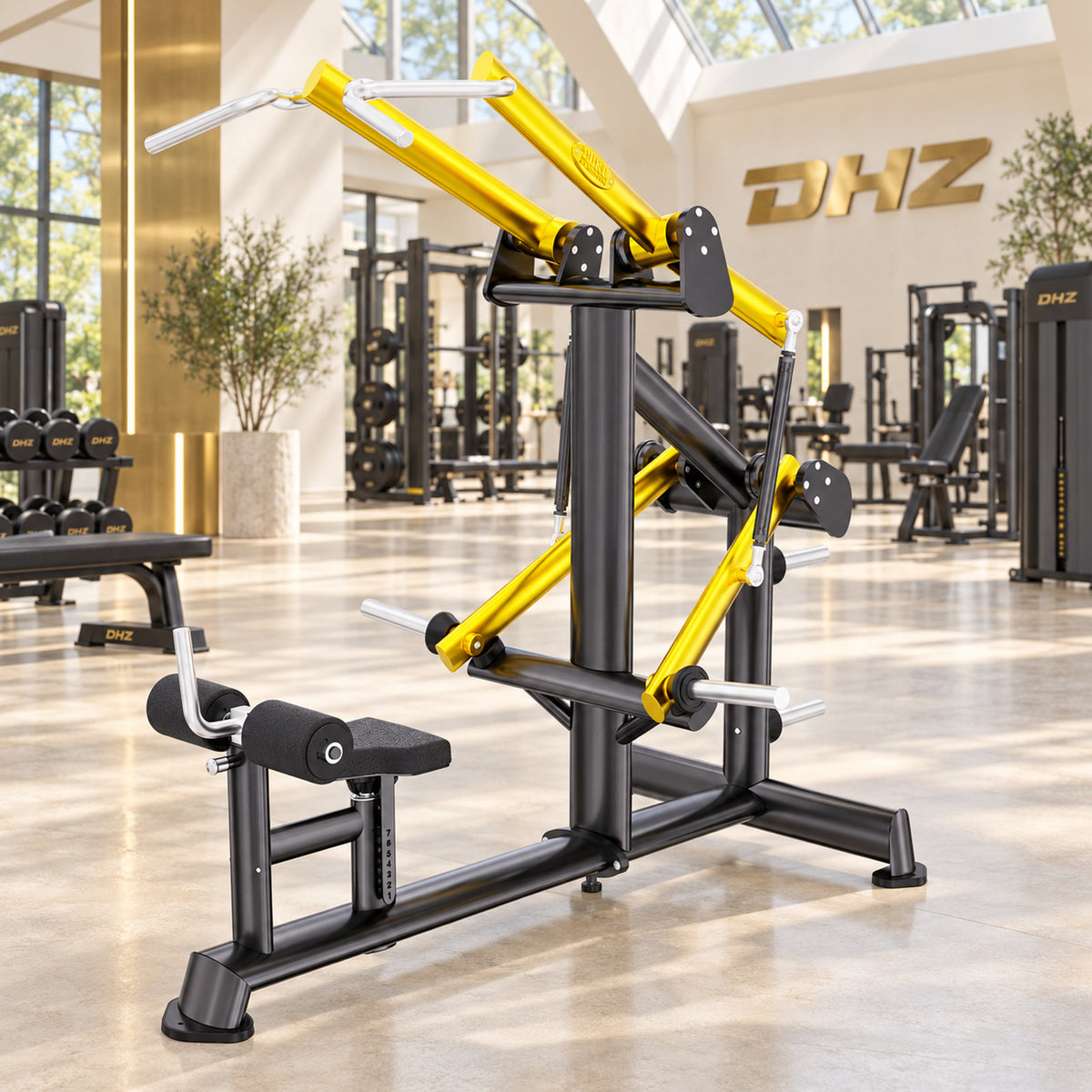 DHZ TITAN Extreme T901 High Row – Schwarz-Gold im hellen DHZ Fitnessstudio