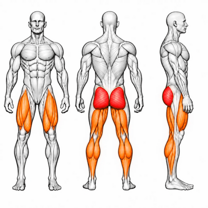 Animierte Muskelgruppen der DHZ TITAN Extreme T912 Super Squat: Gesäß primär; Hamstrings, Quadrizeps und Waden sekundär