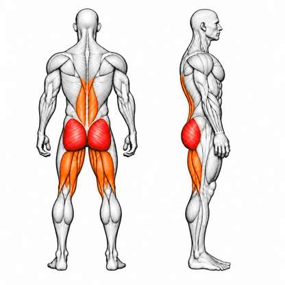 DHZ TITAN Extreme T924 Reverse Hyperextension – animierte Muskelgruppen: Gesäß, Hamstrings und Rückenstrecker