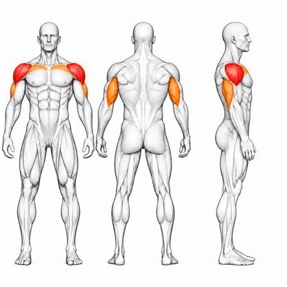 Animierte Muskelgruppen der DHZ U2006 Shoulder Press: vordere und seitliche Schulter primär, Trizeps und obere Brust sekundär