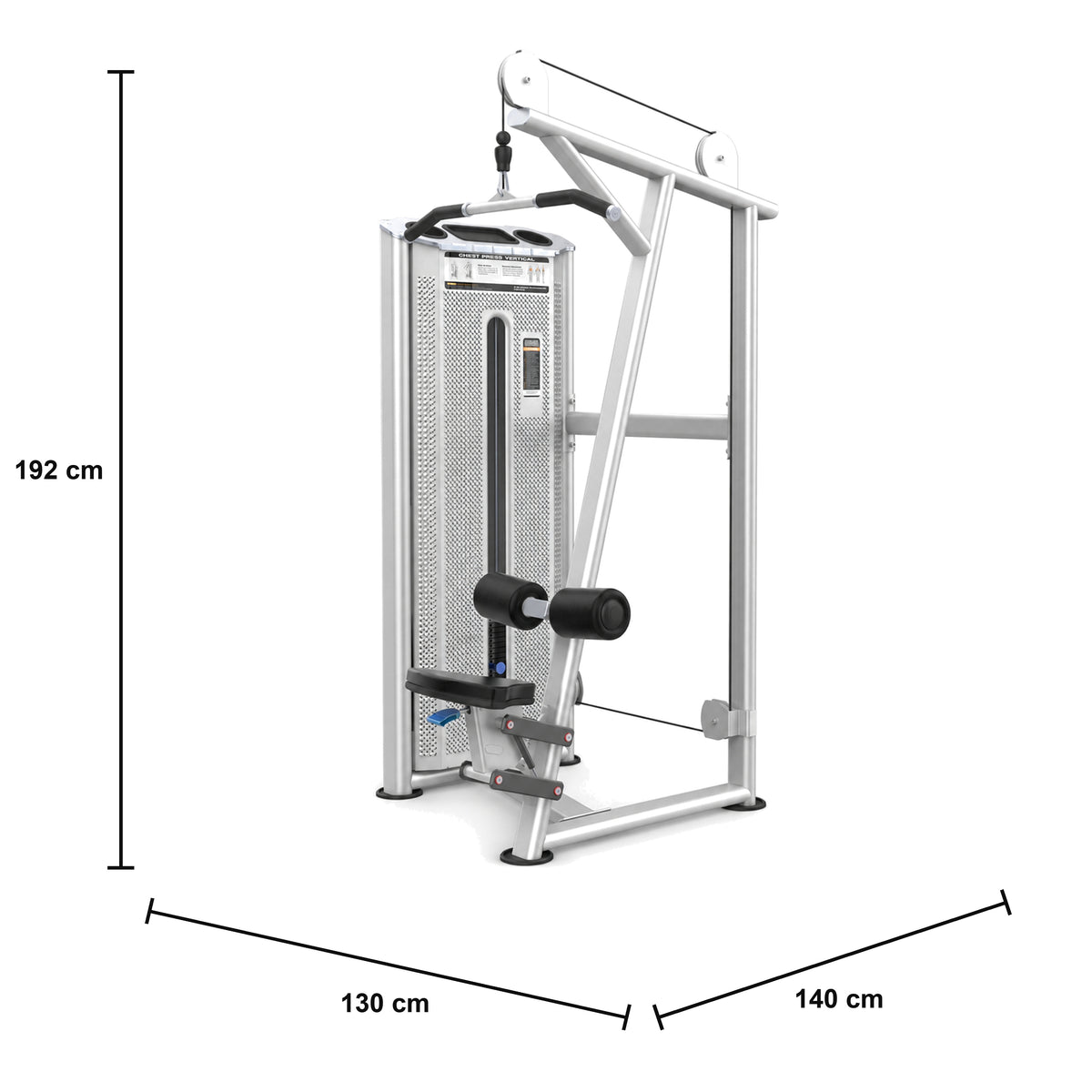 DHZ U2012 Lat Pull Abmessungen: 130 × 140 × 192 cm – weißer Hintergrund