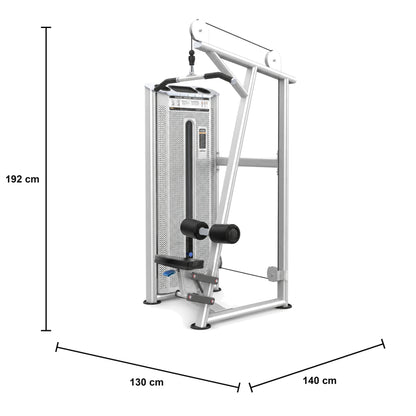 DHZ U2012 Lat Pull Abmessungen: 130 × 140 × 192 cm – weißer Hintergrund