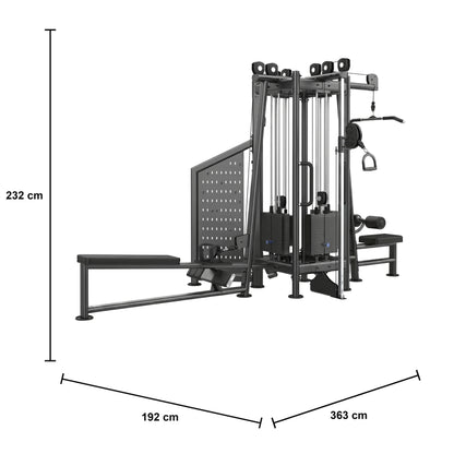 DHZ U2029 4 Station Cable Tower – geführtes Kraftgerät der EVOST III Kraft Serie – Maßzeichnung mit Produktabmessungen 192 × 363 × 232 cm
