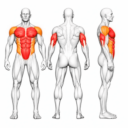 Animierte Muskelgruppen der DHZ U2047 Vertical Knees Up Dip: Bauch, Brust und Trizeps primär, schräge Bauchmuskeln und vordere Schultern sekundär