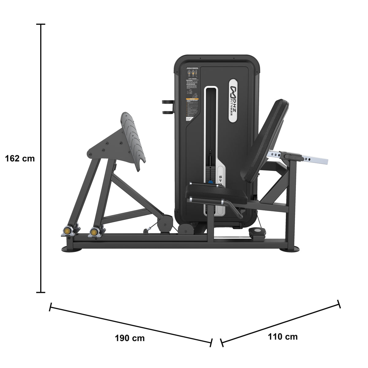 DHZ U3003A Leg Press – geführte Beinpresse der EVOST II Kraft Serie – Maßzeichnung mit Produktabmessungen 190 × 110 × 162 cm