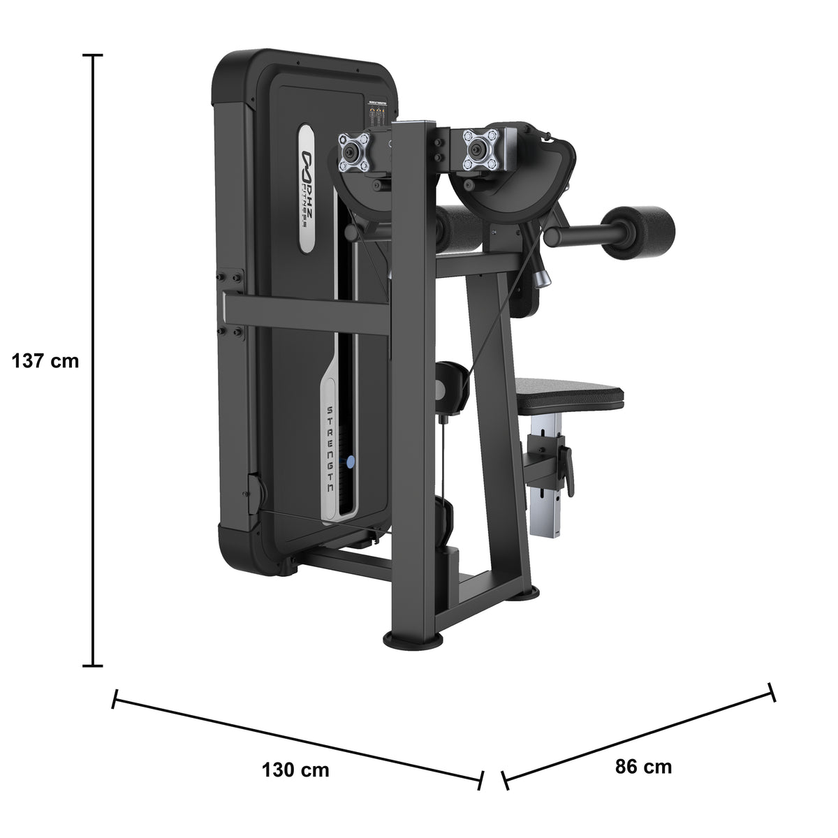 DHZ U3005A Lateral Raise – geführte Schultermaschine der EVOST II Kraft Serie – Maßzeichnung mit Produktabmessungen 130 × 86 × 137 cm