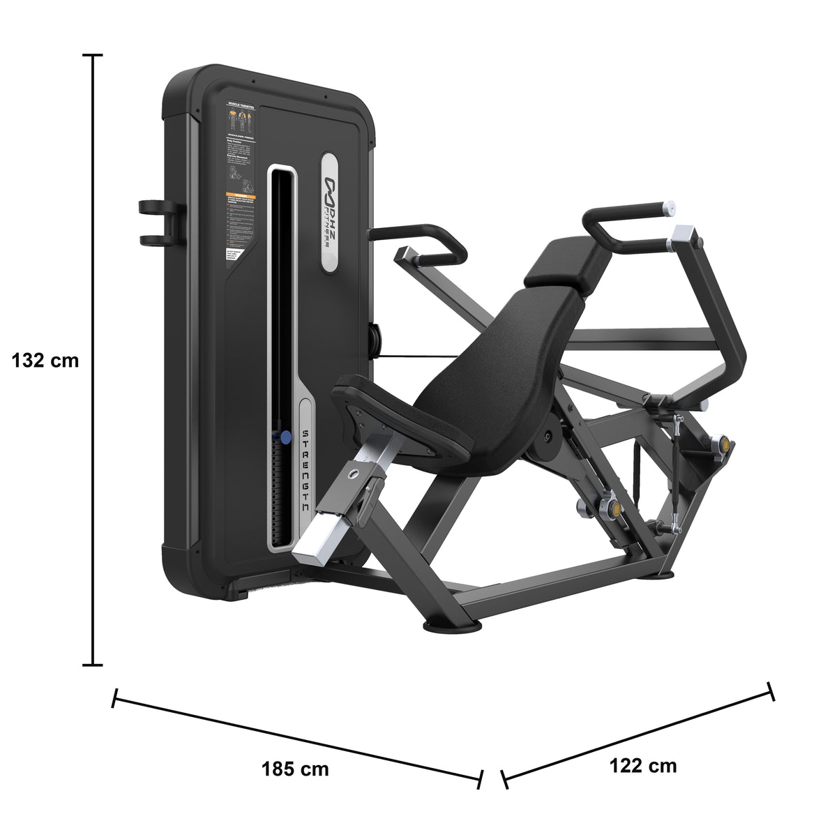 DHZ U3006A Shoulder Press – geführte Schulterpresse der EVOST II Kraft Serie – Maßzeichnung mit Produktabmessungen 185 × 122 × 132 cm