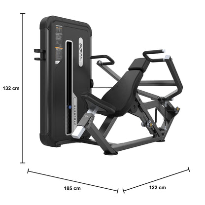 DHZ U3006A Shoulder Press – geführte Schulterpresse der EVOST II Kraft Serie – Maßzeichnung mit Produktabmessungen 185 × 122 × 132 cm