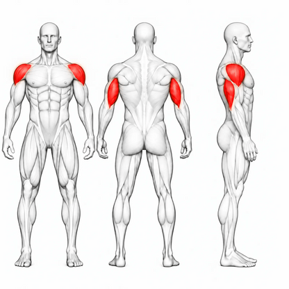 DHZ U3006A Shoulder Press – animierte Muskelgruppen: vordere und seitliche Schulter sowie Trizeps primär