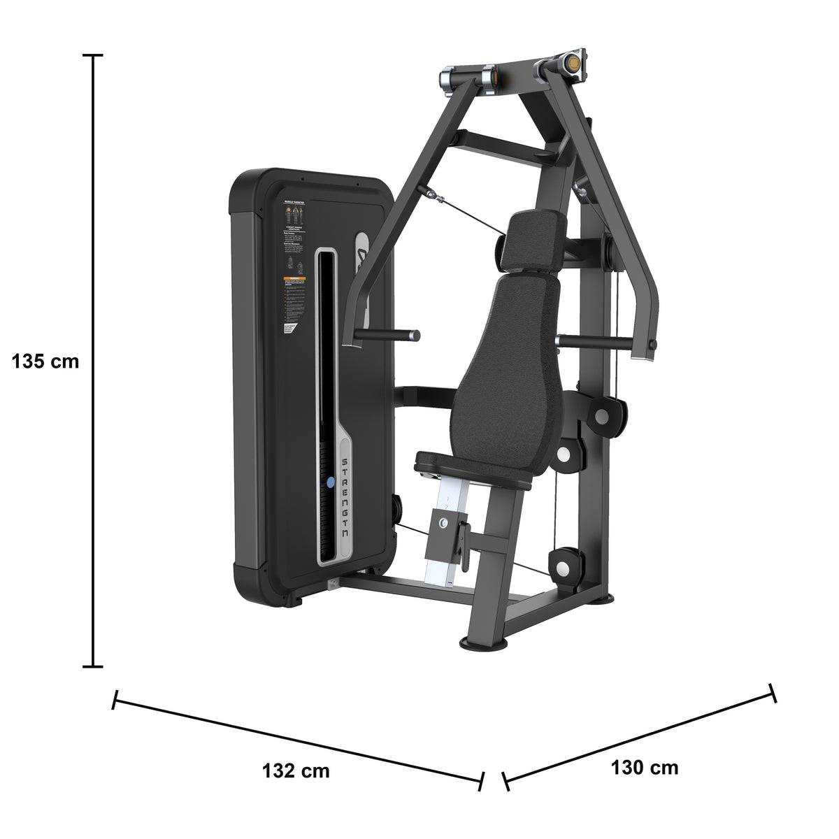 DHZ U3008A Vertical Press – geführte Brustpresse der EVOST II Kraft Serie – Maßzeichnung mit Produktabmessungen 132 × 130 × 135 cm