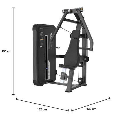 DHZ U3008A Vertical Press – geführte Brustpresse der EVOST II Kraft Serie – Maßzeichnung mit Produktabmessungen 132 × 130 × 135 cm