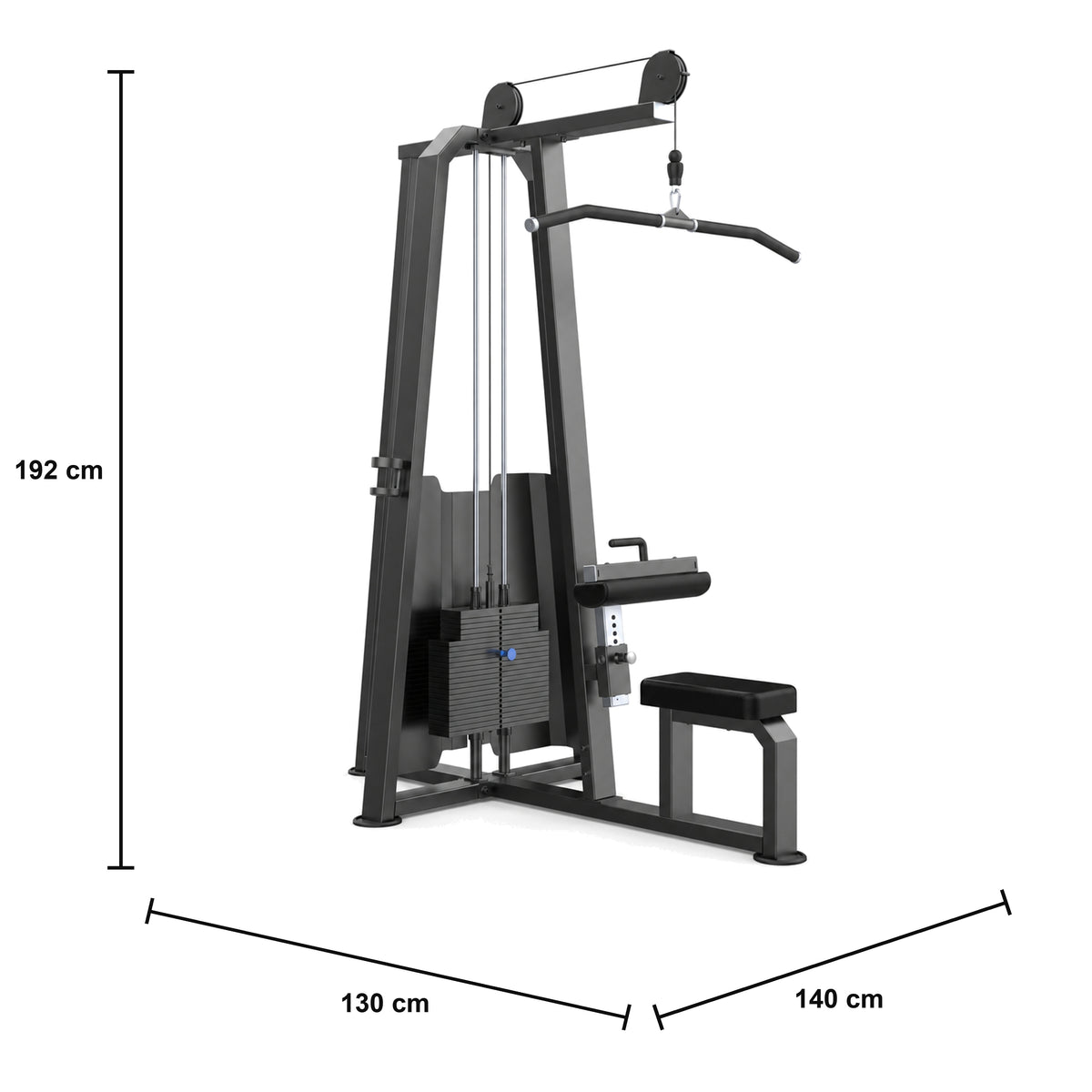 DHZ U3012A Lat Pull Abmessungen: 130 × 140 × 192 cm – weißer Hintergrund