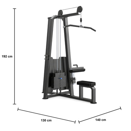 DHZ U3012A Lat Pull Abmessungen: 130 × 140 × 192 cm – weißer Hintergrund