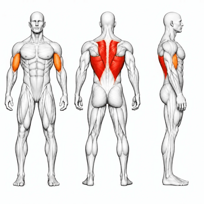Animierte Muskelgruppen des DHZ U3012A Lat Pull: Latissimus und oberer Rücken primär, Bizeps sekundär