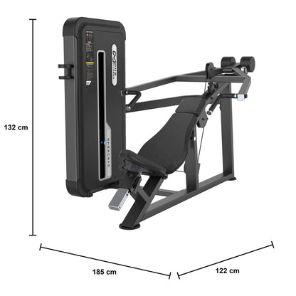 DHZ U3013A Incline Press – geführte Schrägbrustpresse der EVOST II Kraft Serie – Maßzeichnung mit Produktabmessungen 185 × 122 × 132 cm