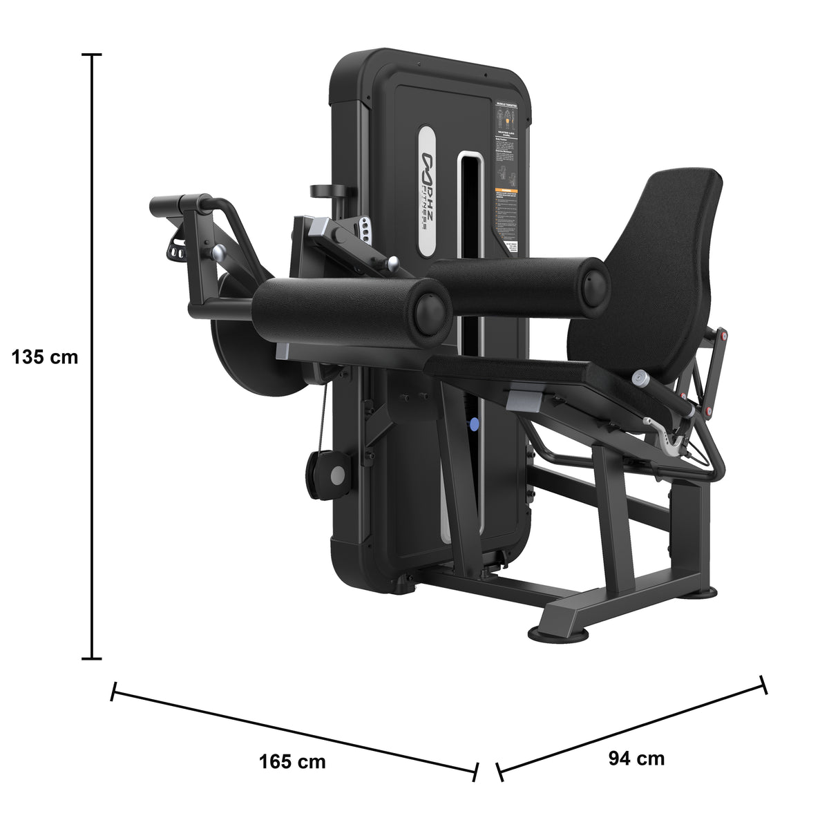DHZ U3023A Seated Leg Curl – geführter sitzender Beinbeuger der EVOST II Kraft Serie – Maßzeichnung mit Produktabmessungen 165 × 94 × 135 cm