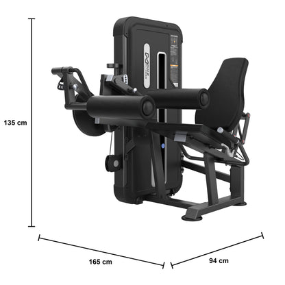DHZ U3023A Seated Leg Curl – geführter sitzender Beinbeuger der EVOST II Kraft Serie – Maßzeichnung mit Produktabmessungen 165 × 94 × 135 cm