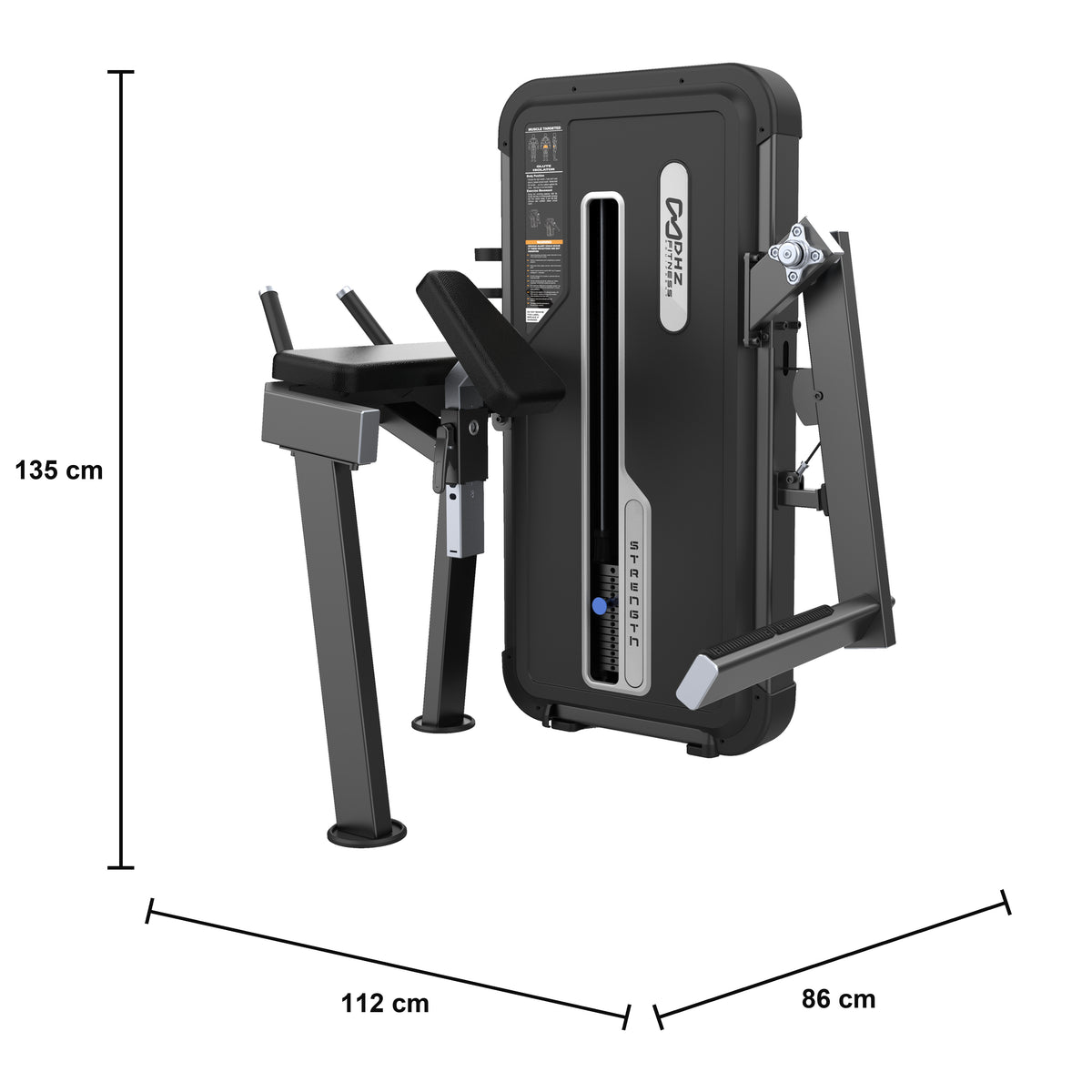DHZ U3024A Glute Isolator – geführte Gesäßmaschine der EVOST II Kraft Serie – Maßzeichnung mit Produktabmessungen 112 × 86 × 135 cm