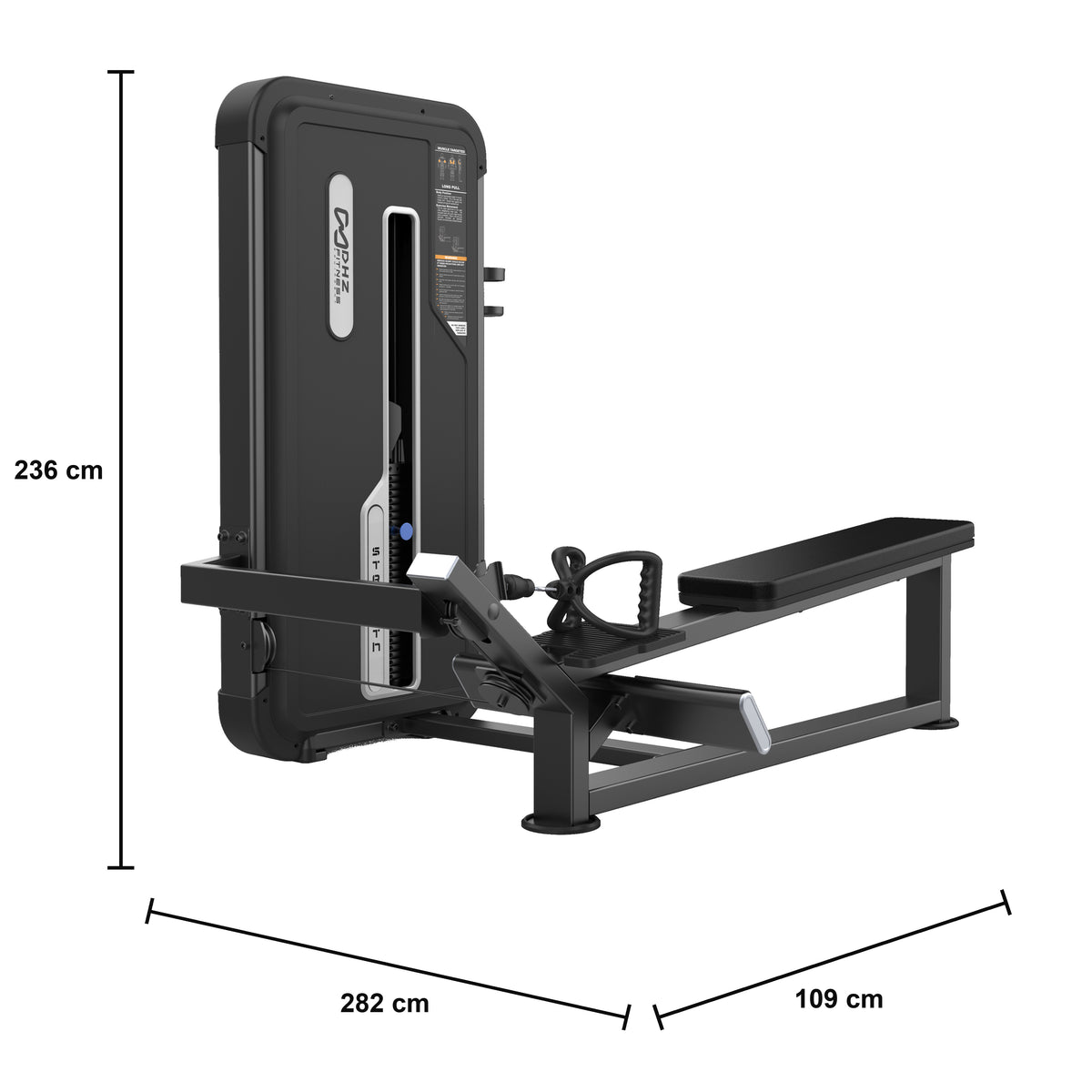 DHZ U3033A Long Pull – geführter Ruderzug der EVOST II Kraft Serie – Maßzeichnung mit Produktabmessungen 282 × 109 × 236 cm