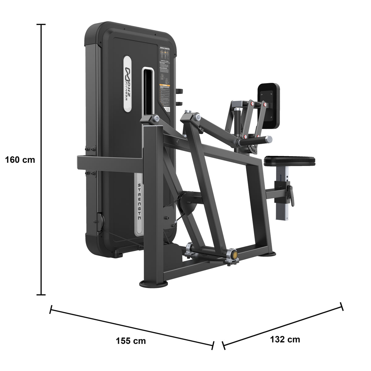 DHZ U3034A Vertical Row – geführte Ruderzugmaschine der EVOST II Kraft Serie – Maßzeichnung mit Produktabmessungen 155 × 132 × 160 cm