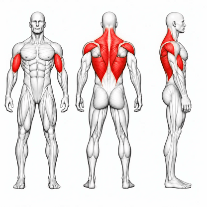 DHZ U3034A Vertical Row – animierte Muskelgruppen: Latissimus, oberer und mittlerer Rücken, hintere Schulter und Bizeps primär