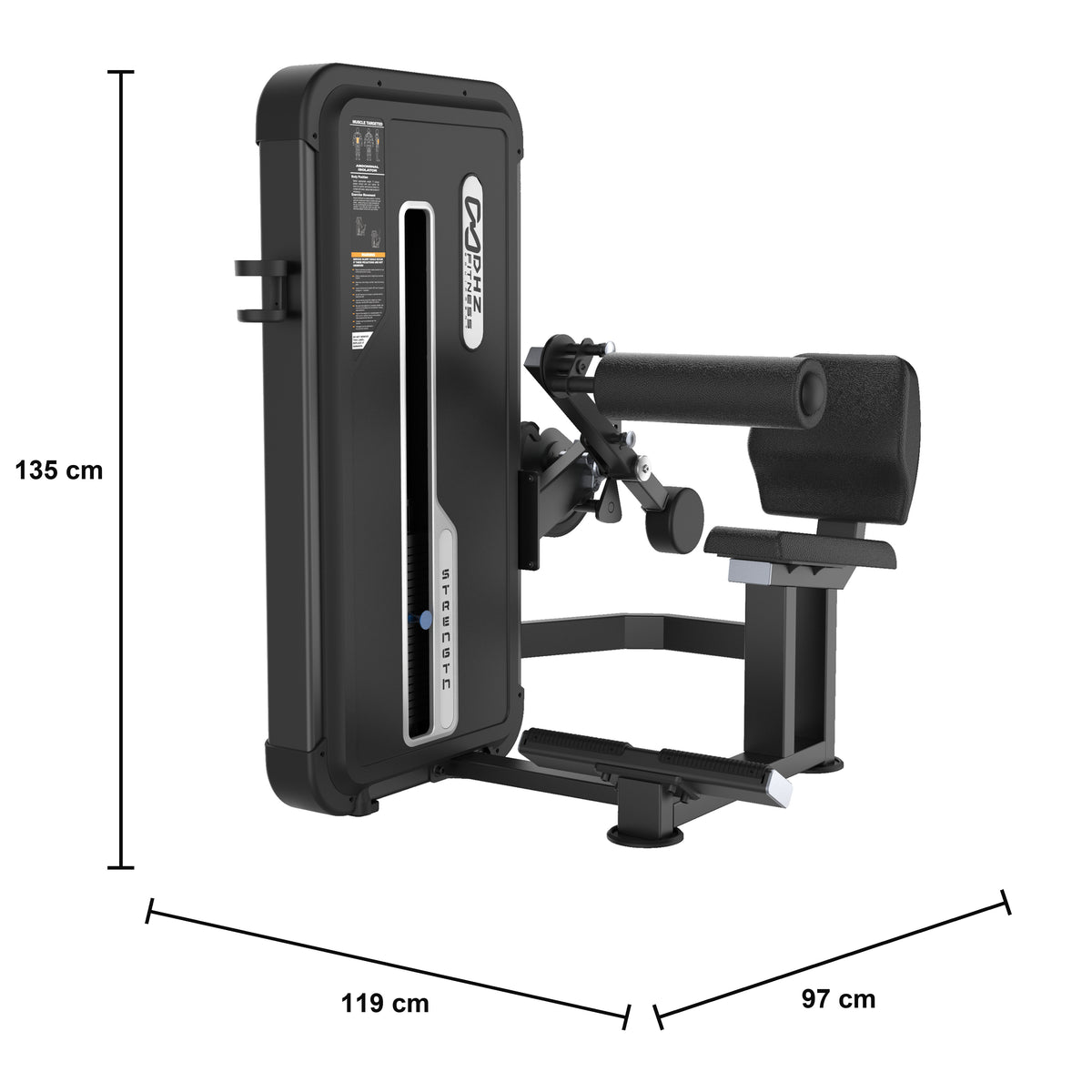DHZ U3073A Abdominal Isolator – geführte Bauchmuskelmaschine der EVOST II Kraft Serie – Maßzeichnung mit Produktabmessungen 119 × 97 × 135 cm