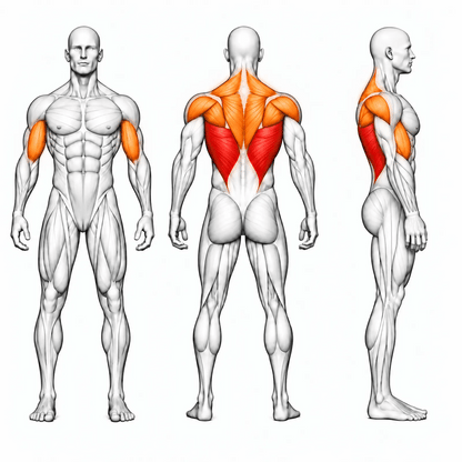 DHZ Y900 Y920L Pull Down mit Einstiegshilfe – animierte Muskelgruppen: Latissimus primär, Trapez, Rhomboiden, hintere Schulter und Bizeps sekundär