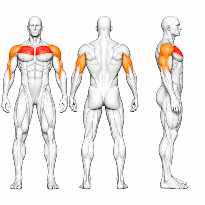Animierte Muskelgruppen der DHZ TITAN Mechanix Y915ZA Incline Chest Press: obere Brust primär, vordere Schulter und Trizeps sekundär in Front-, Rücken- und Seitenansicht