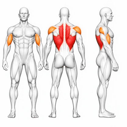 Animierte Muskelgruppen der DHZ TITAN Mechanix Y925ZA Low Row: Latissimus und mittlerer Rücken primär, Bizeps und hintere Schulter sekundär
